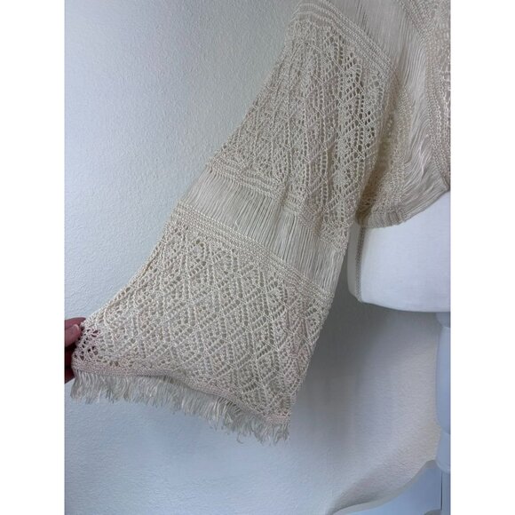 Willow+Root‎ women's XS cream crocheted lace up cropped bell sleeve boho top - Picture 5 of 11